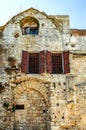 Wall and fragment Of the Church of the virgin of Burgas. Medieval ruins of the 14th century. Rhodes, Greece