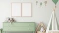 Wall Frame mockup in the children room.Nursery Interior. Boho scandinavian eco style. Generative Ai Royalty Free Stock Photo