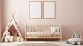 Wall Frame mockup in the children room.Nursery Interior. Boho scandinavian eco style. Generative Ai Royalty Free Stock Photo