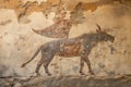 Wall fresco of bull like Ancient art, cracked vintage mural of animal on old plaster. Damaged painted artifact of past