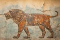 Wall fresco of lion like Ancient art, cracked vintage mural of animal Royalty Free Stock Photo