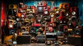 Wall full of different types of speakers and amps. Generative AI