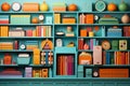 Wall full of shelves and a desk with accessories and school supplies Royalty Free Stock Photo