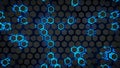 Wall of glowing blue hexagons 3D rendering