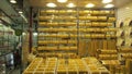 The wall of gold is the jeweler`s showcase in Dubai, the gold market
