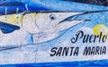 Wall with graffiti art drawings paintings fish Puerto Escondido Mexico