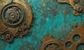 A wall with a green background features a number of gears and clocks, all of which are rusted and old. The wall is also Royalty Free Stock Photo