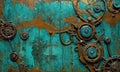 A wall with a green and brown color is shown with a lot of gears and mechanisms on it. Royalty Free Stock Photo