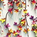 Wall hanging branches seamless pattern leaves fall with bright color flowers illustration background. 3d abstraction wallpaper for Royalty Free Stock Photo