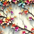 Wall hanging branches seamless pattern leaves fall with bright color flowers illustration background. 3d abstraction wallpaper for Royalty Free Stock Photo