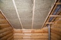 Wall heat isolation with mineral wool in wooden house, building under construction