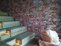 Wall of Himalayan salt bricks - sauna room indoor Royalty Free Stock Photo