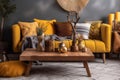 yellow cushion home house sofa modern grey pillow interior decor bright. Generative AI.