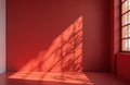 Wall interior background, studio and backdrops shows products. Red and white colors. Window leaf shadow. Background for text Royalty Free Stock Photo