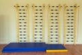 A wall with ladder bar for fitness training inside sports gym room in a school