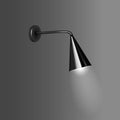 Wall lamp with black metallic cone shaped lampshade, vector illustration. Modern interior night light with the light on