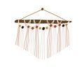 Wall macrame hanging on wooden stick. Trendy woven home decoration in boho style. DIY interior decor with cotton cords