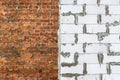 Wall made from foamed concrete block and red bricks during the building house on the construction site