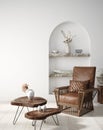 Wall mock up in Scandi-boho home interior with retro brown leather furniture