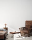 Wall mock up in Scandi-boho home interior with retro brown leather furniture