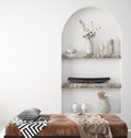 Wall mock up in Scandi-boho home interior with retro brown leather furniture