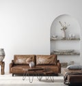 Wall mock up in Scandi-boho home interior with retro brown leather furniture