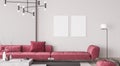 Wall mock up in simple interior with red furniture, modern minimal style, 3d render