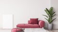 Wall mock up in simple interior with red furniture, modern minimal style, 3d render