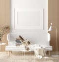 Wall mock up in white simple interior with wooden furniture, Scandi-Boho style