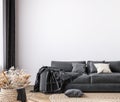 Wall mockup in bright living room design, dark sofa in farmhouse interior style