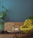 Wall mockup in colorful home interior with retro furniture