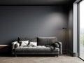 Wall mockup in dark modern living room interior design, gray sofa and wooden floor and big window, 3d render Royalty Free Stock Photo