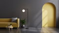 Wall mockup in dark tones with yellow sofa on black wall background Royalty Free Stock Photo