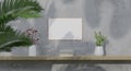 Wall mockup with green plant,Green wall and shelf.3D rendering