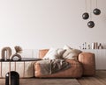 Wall mockup in modern living room design, brown leather sofa with black home accessories on white minimal background