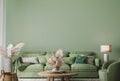 Wall mockup in modern living room design, minimal furniture with wooden home accessories on green background