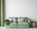 Wall mockup in modern living room design, minimal furniture with wooden home accessories on green background Royalty Free Stock Photo