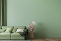 Wall mockup in modern living room design, minimal furniture with wooden home accessories on green background Royalty Free Stock Photo