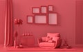 Wall mockup with six frames in solid flat  pastel dark red, maroon color, monochrome interior modern living room with furnitures Royalty Free Stock Photo