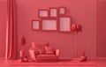 Wall mockup with six frames in solid flat  pastel dark red, maroon color, monochrome interior modern living room with furnitures Royalty Free Stock Photo