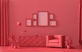 Wall mockup with six frames in solid flat  pastel dark red, maroon color, monochrome interior modern living room with furnitures Royalty Free Stock Photo