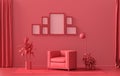 Wall mockup with six frames in solid flat  pastel dark red, maroon color, monochrome interior modern living room with furnitures Royalty Free Stock Photo