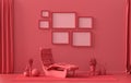 Wall mockup with six frames in solid flat  pastel dark red, maroon color, monochrome interior modern living room with a meditation Royalty Free Stock Photo