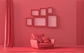 Wall mockup with six frames in solid flat  pastel dark red, maroon color, monochrome interior modern living room with single chair Royalty Free Stock Photo