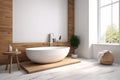 bathroom modern architecture interior bathtub wood house luxury white wall home. Generative AI. Royalty Free Stock Photo