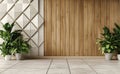 The wall of this modern empty interior is adorned with wooden planks, shown in a 3D rendered image Royalty Free Stock Photo