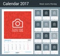 Wall Monthly Calendar Planner for 2017 Year. 12 Months. Vector Design Print Template with Place for Photo, Company Logo and Royalty Free Stock Photo