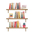 Wall-mounted bookshelves with books. Book spines in retro style