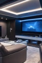 Wall mounted flatscreen TV reclining leather seats entertainment room modern sleek cinematic