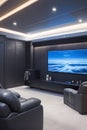 Wall mounted flatscreen TV reclining leather seats entertainment room modern sleek cinematic